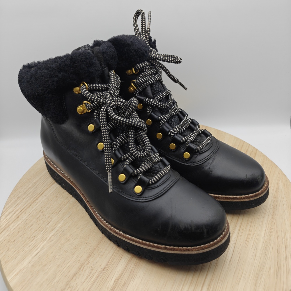 Cole Haan GrandExplore Boots Womens Size 10 Black Leather Shearling Lined Ankle